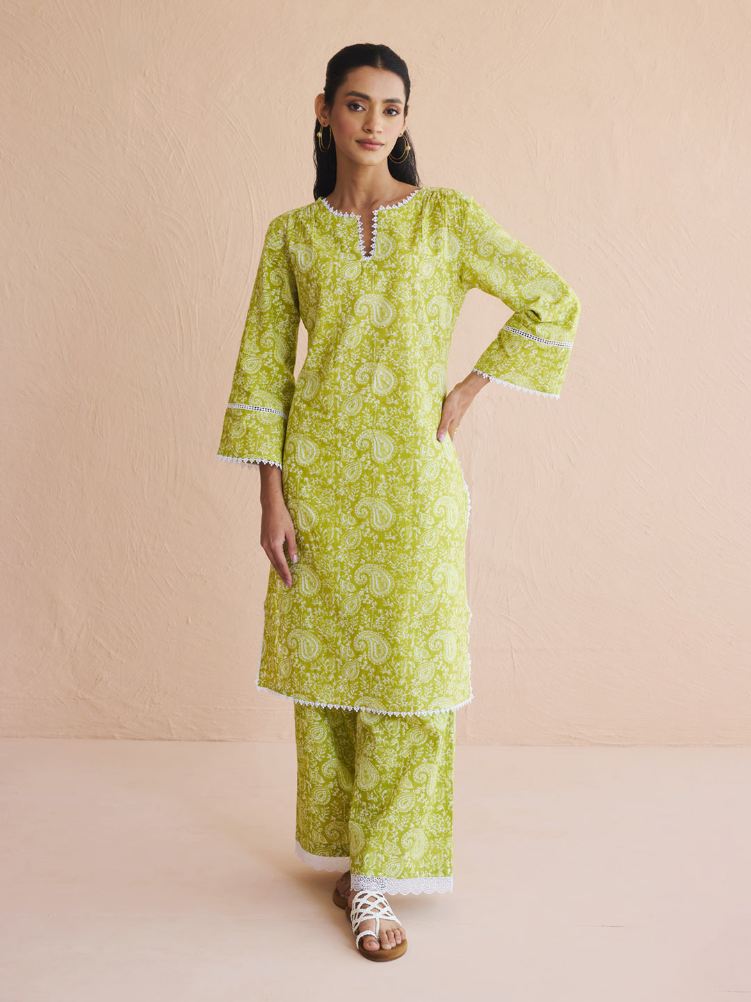 FIORRA Women's Lime Green Paisley Printed Cotton Straight Kurta Set
